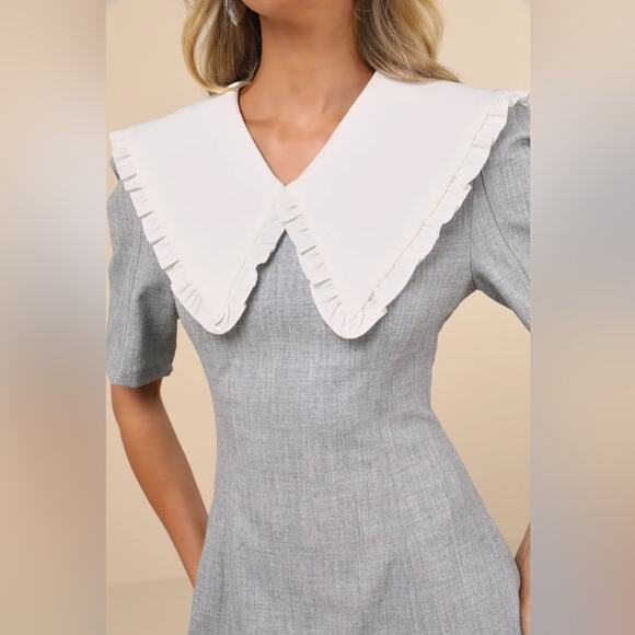 Sister Jane NWT Heron Gray Mini Dress Oversized Collar w/ Beaded Bow M - Picture 4 of 11